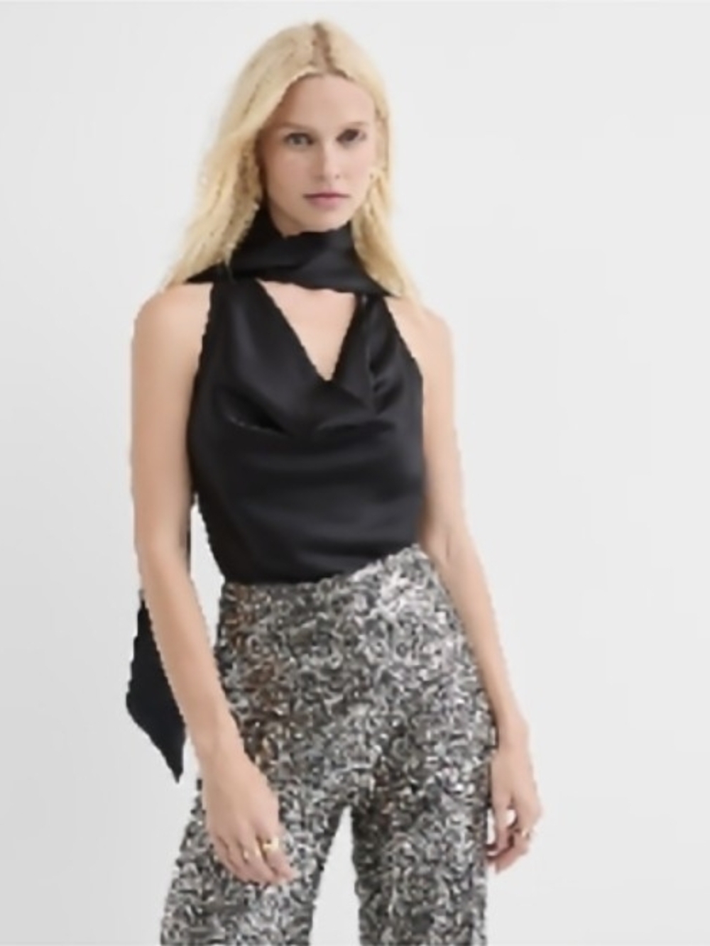 LOFT Black Satin Halter Camisole with Scarf Neck Detail
